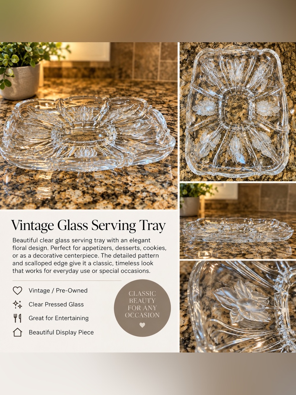 Clear Pressed Glass Floral Serving Tray Scalloped Edge Platter